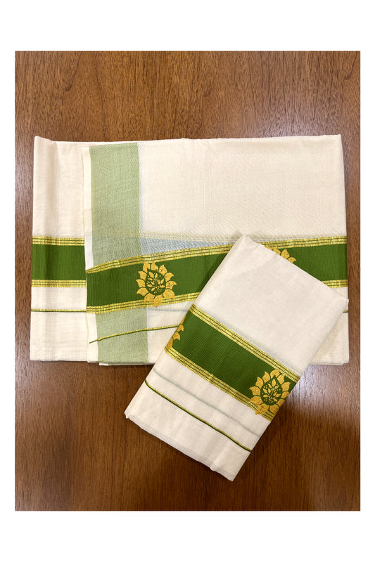 Cotton Single Set Mundu (Mundu Neriyathum) with Golden Block Prints on Green Border