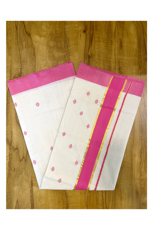 Southloom Premium Balaramapuram Unakkupaavu Handloom Cotton Butta Saree with Pink and Kasavu Border