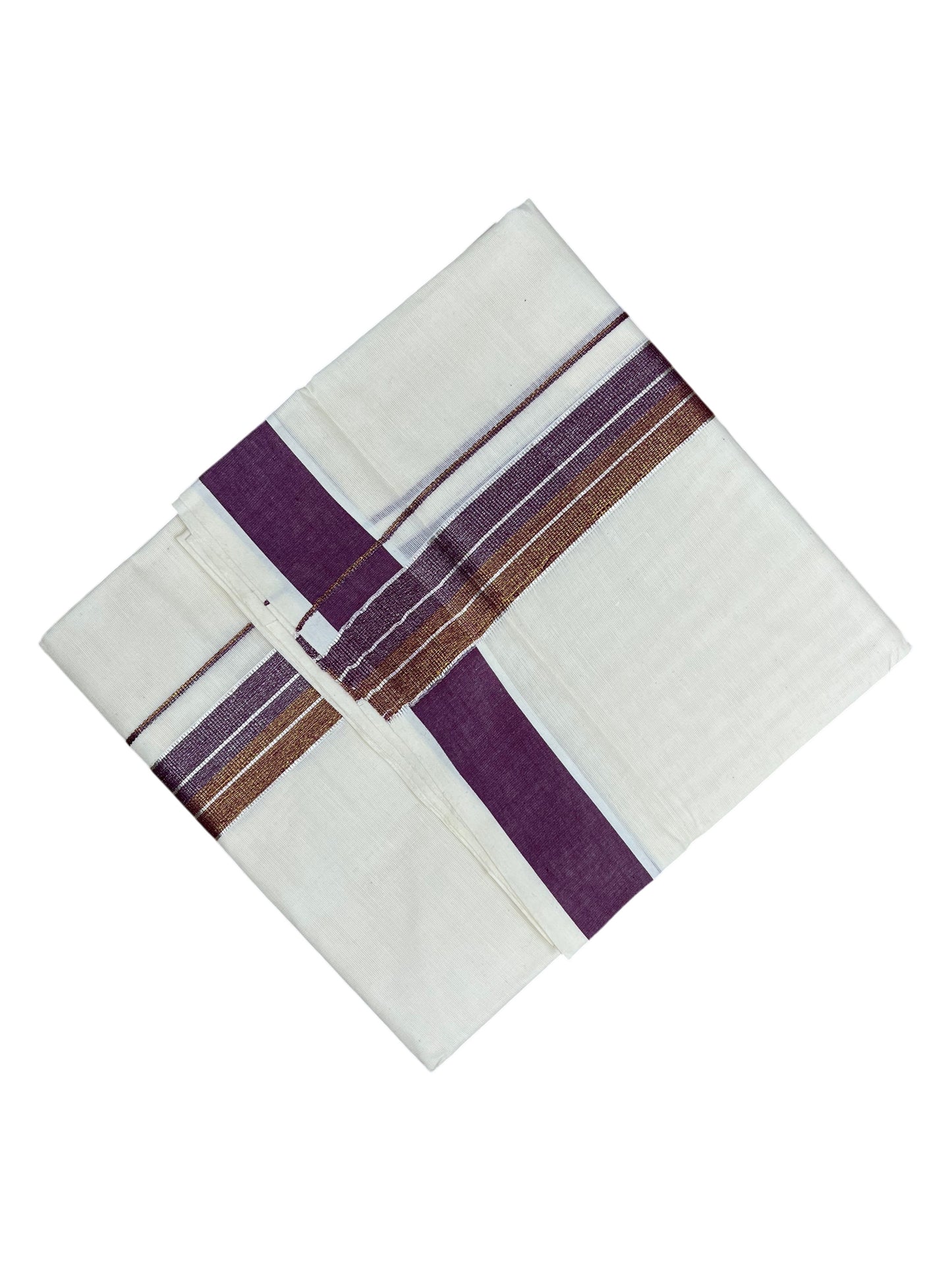 Southloom Pure Cotton Mundu with Silver Lines and Maroon&Purple Border (South Indian Kerala Dhoti)
