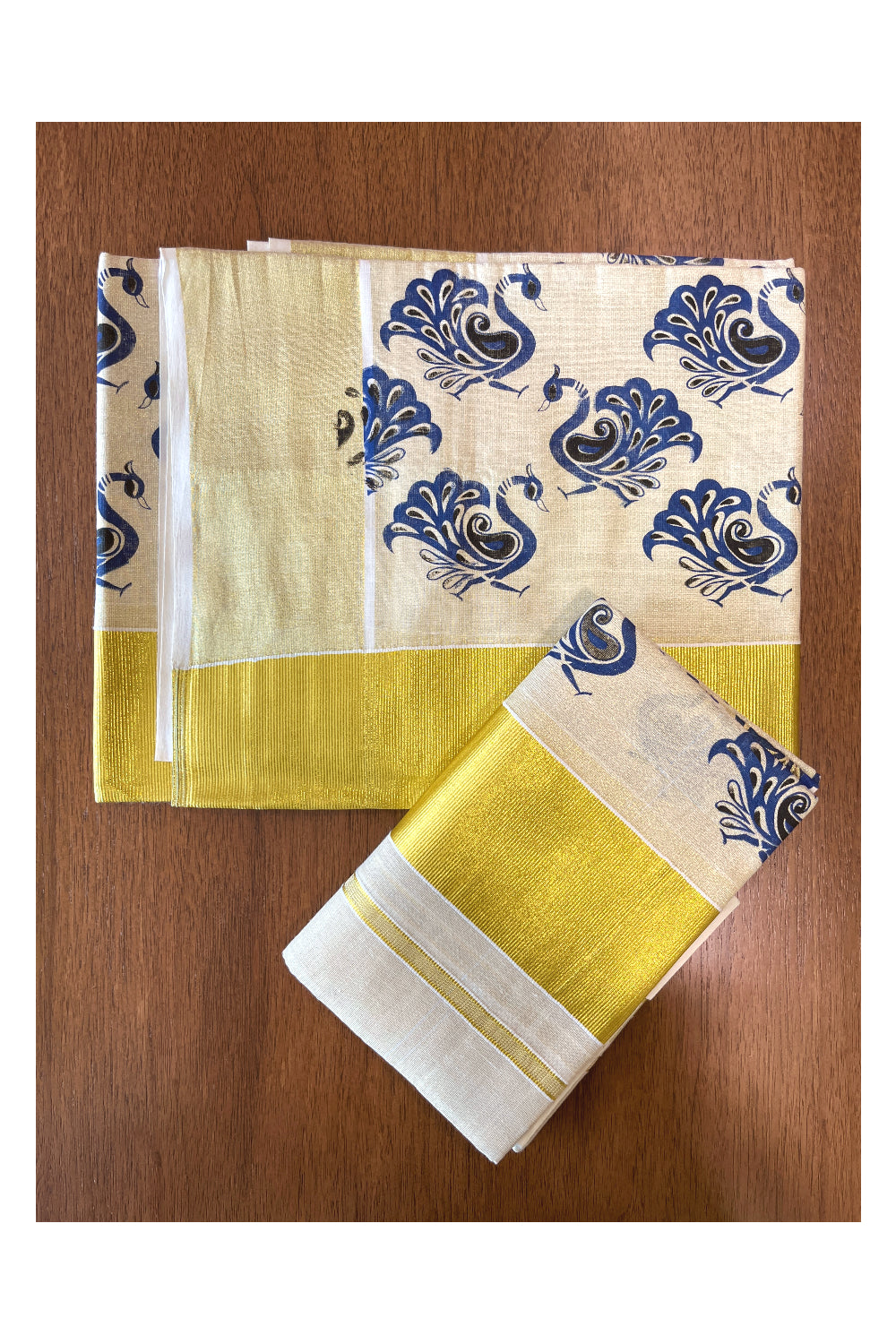 Kerala Tissue Set Mundu (Mundum Neriyathum) with Blue Peacock Block Prints and Kasavu Border 2.80 Mtrs