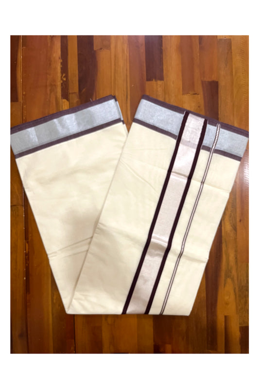 Pure Cotton Kerala Saree with Silver Kasavu and Brown Border