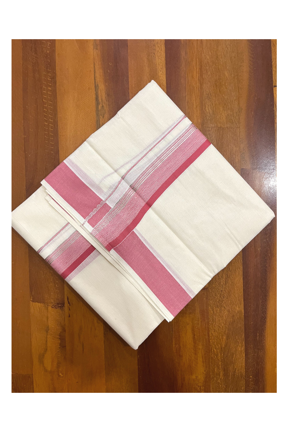 Pure Cotton Kerala Double Mundu with Pink and Silver Kasavu Kara (South Indian Kerala Dhoti)