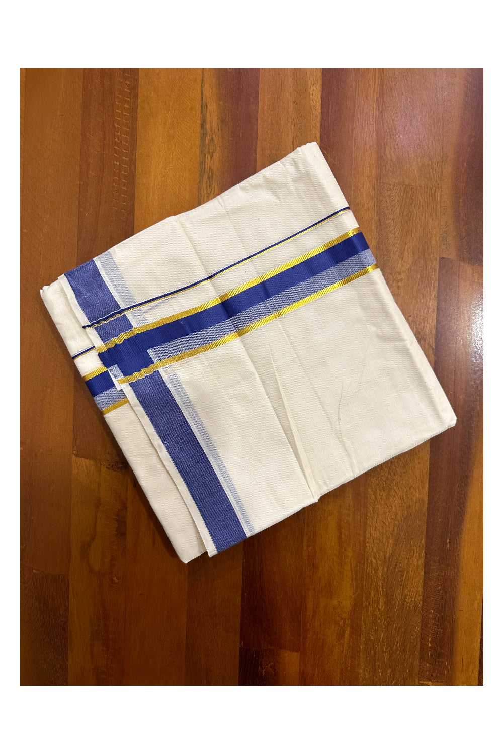 Kerala Cotton Double Mundu with Blue and Kasavu Border (Onam Mundu 2023)