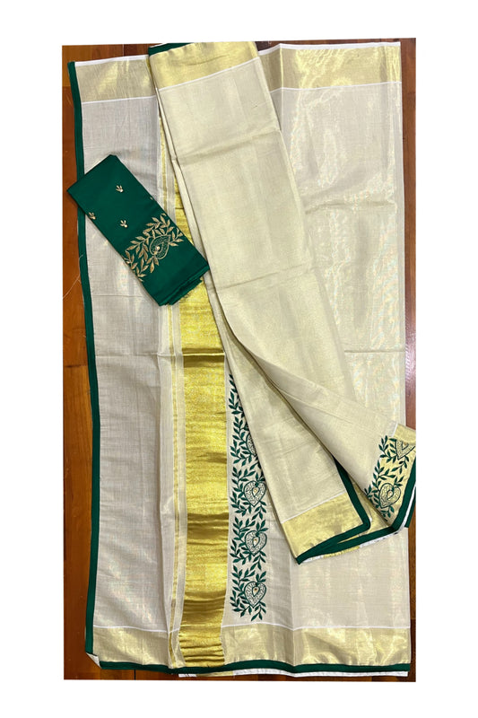 Kerala Tissue Kasavu Set Mundu (Mundum Neriyathum) with Handwork Design and Green Blouse Piece - 2.80Mtrs (Vishu 2024 Collection)