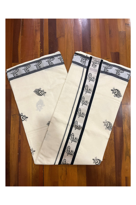 Pure Cotton Kerala Saree with Black Feather Block Prints and Silver Border