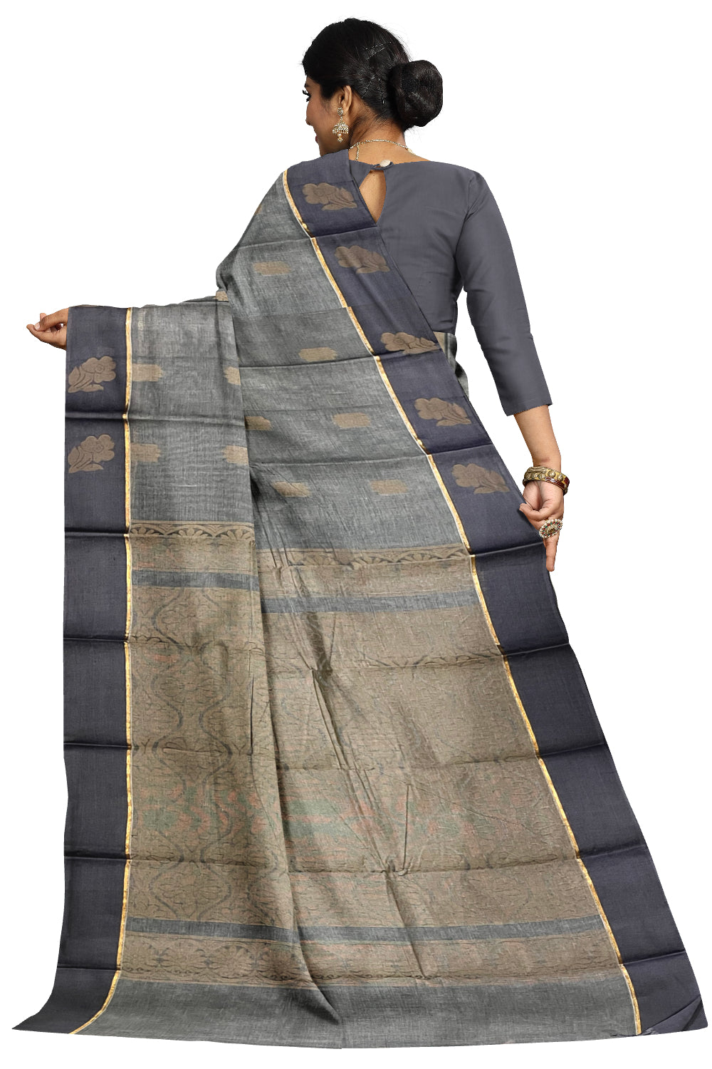 Southloom Cotton Grey Saree with Woven Butta Works on Body and Pallu