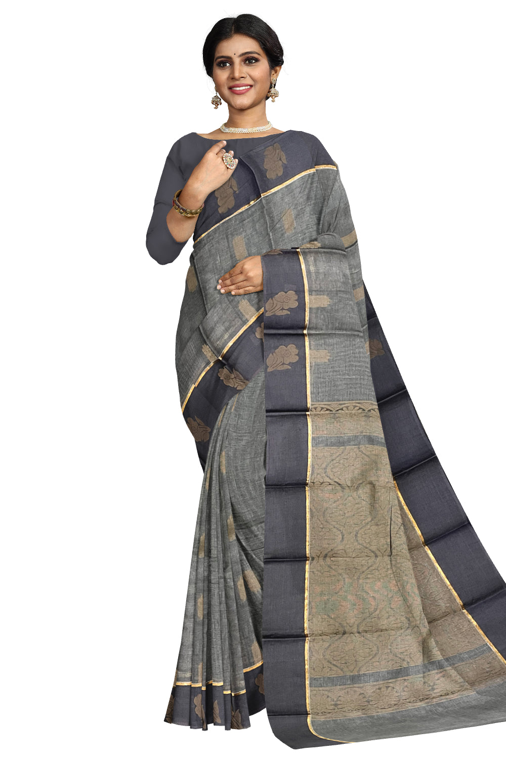 Southloom Cotton Grey Saree with Woven Butta Works on Body and Pallu