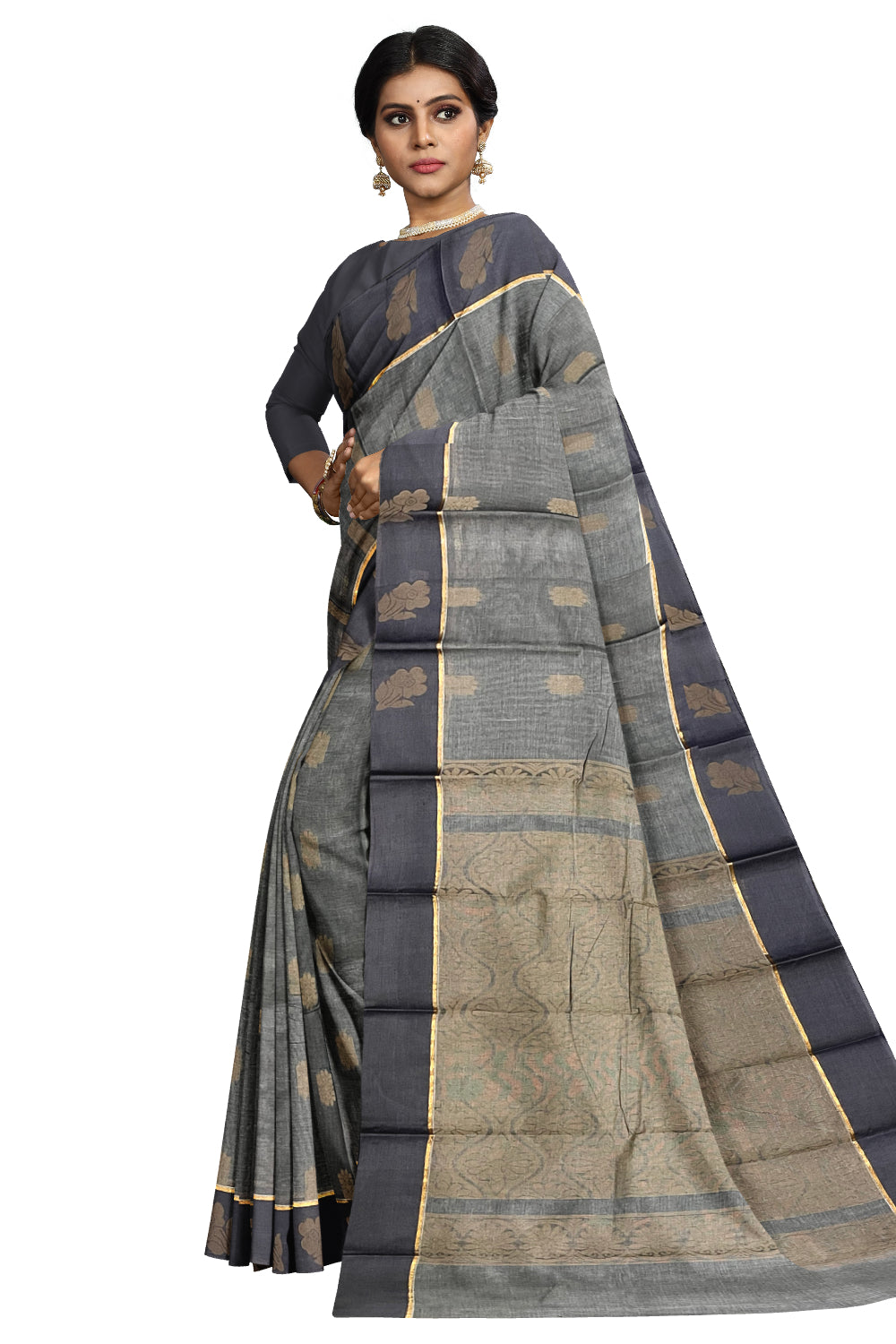 Southloom Cotton Grey Saree with Woven Butta Works on Body and Pallu