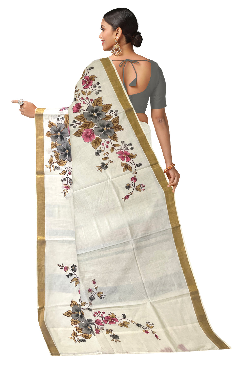 Kerala Cotton Kasavu Saree with Floral Painted Designs