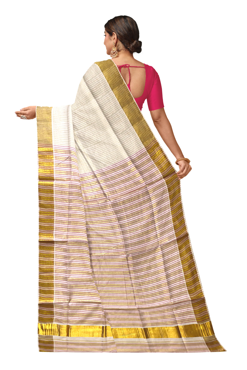 Pure Cotton Kerala Kasavu Saree with Lines Designs on Body and Red Lines on Munthani