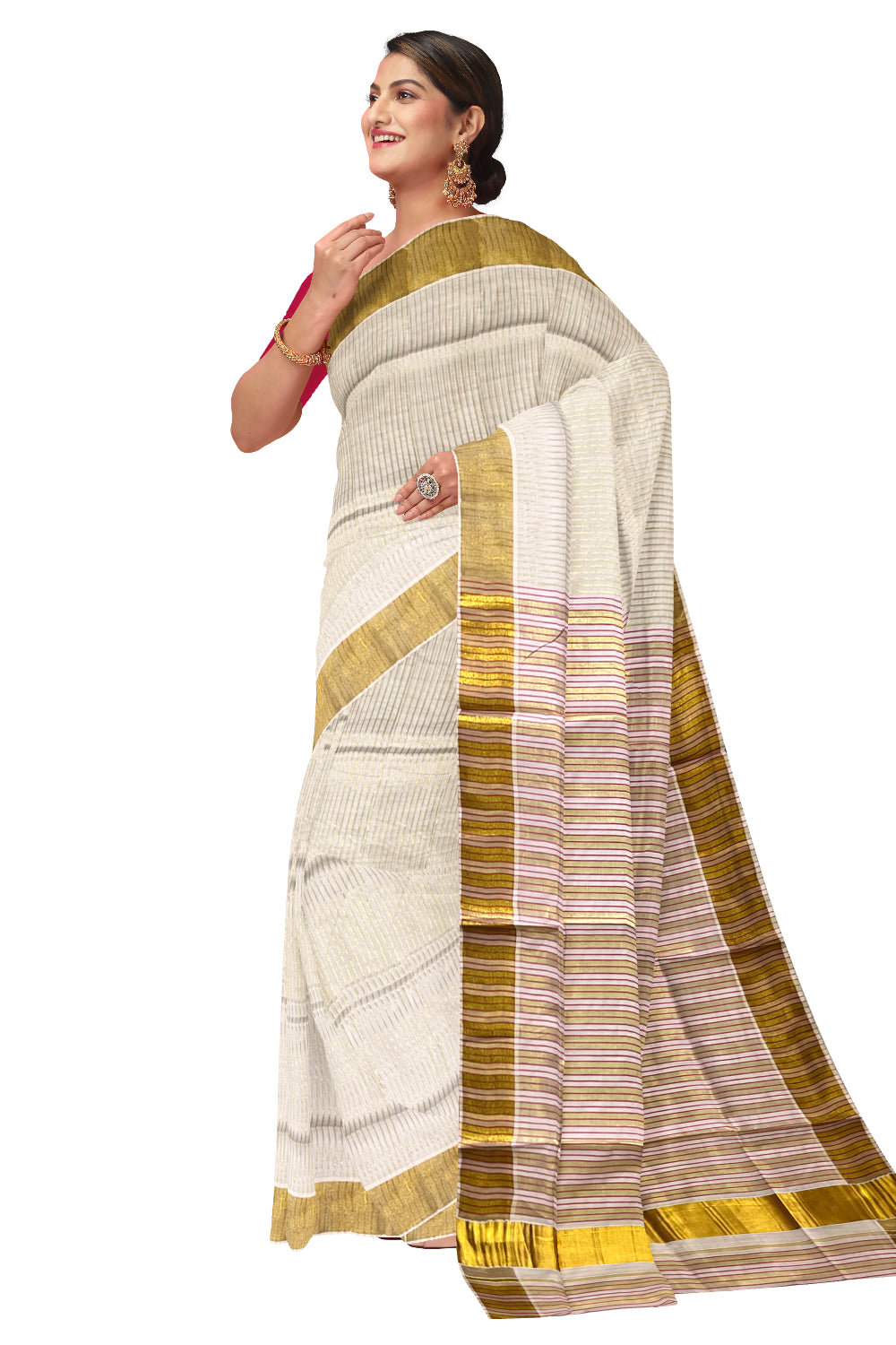 Pure Cotton Kerala Kasavu Saree with Lines Designs on Body and Red Lines on Munthani