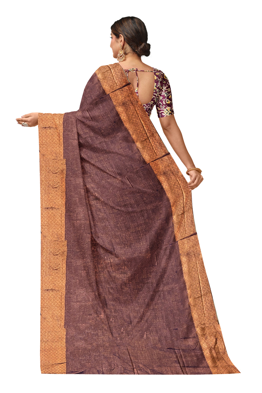 Southloom Violet Tissue Plain Saree with Kalamkari Printed Blouse Piece