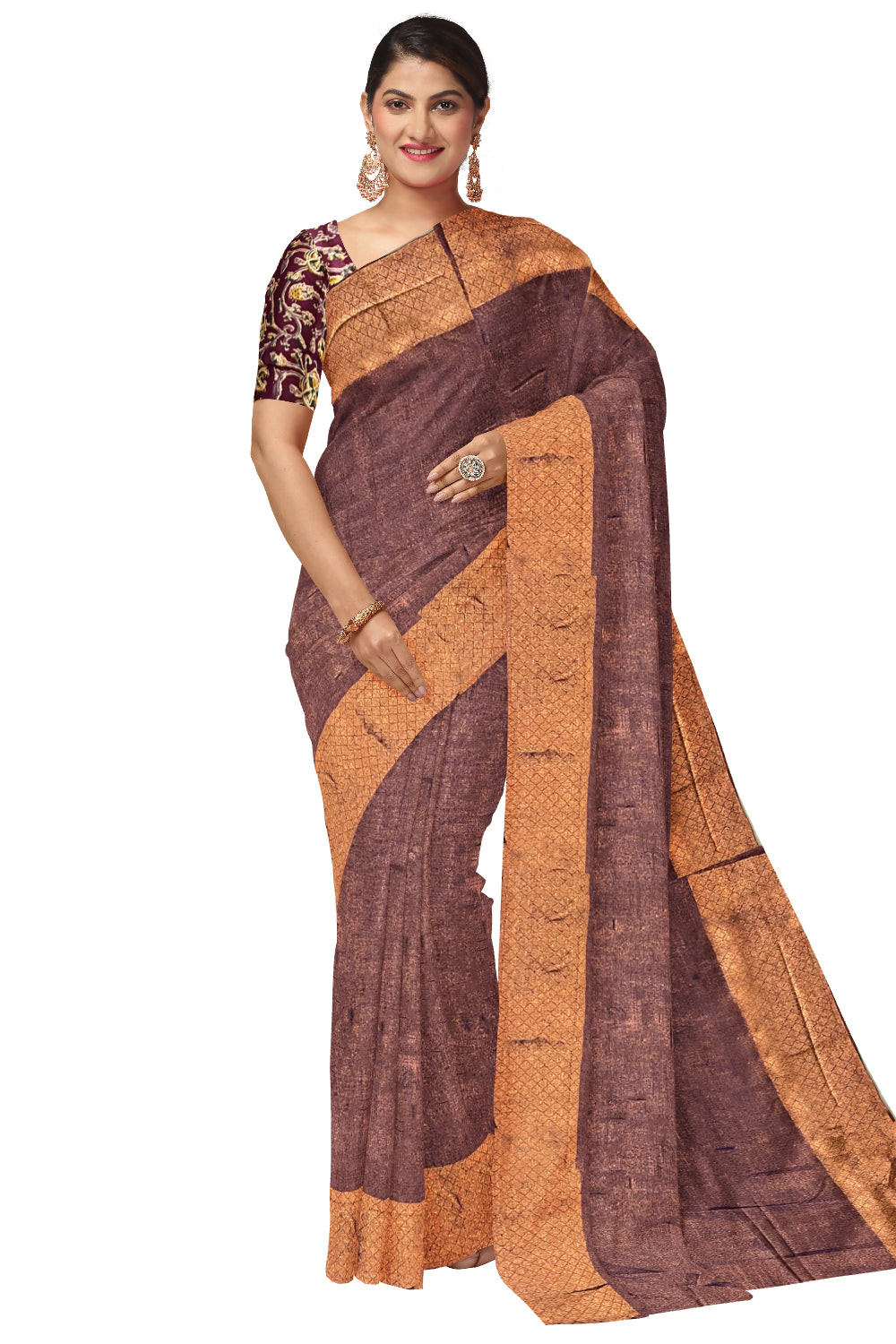 Southloom Violet Tissue Plain Saree with Kalamkari Printed Blouse Piece