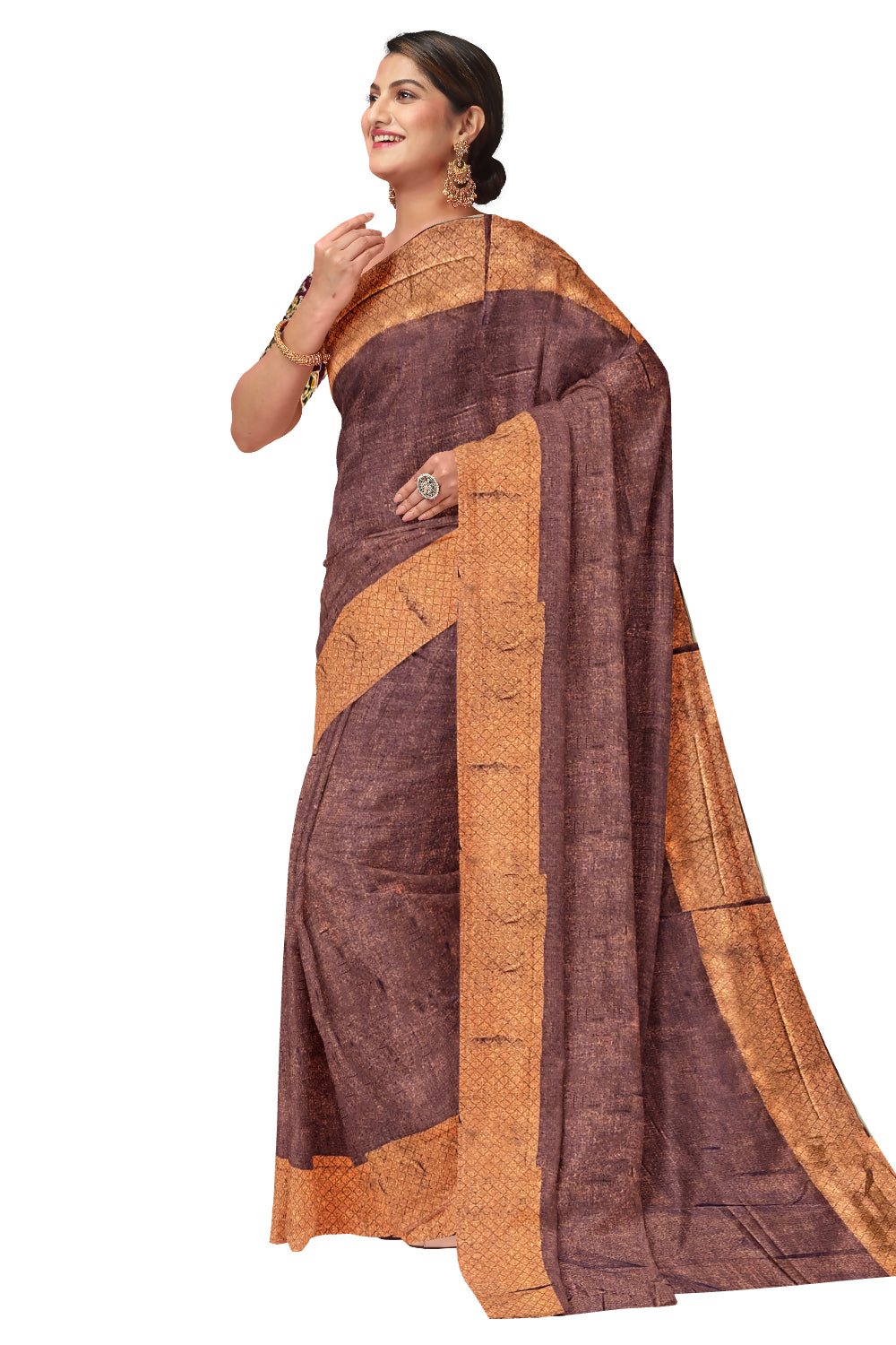 Southloom Violet Tissue Plain Saree with Kalamkari Printed Blouse Piece