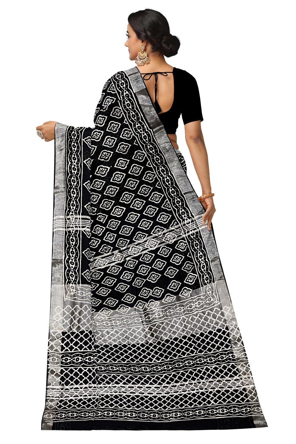 Southloom Linen Black Designer Saree with White Prints