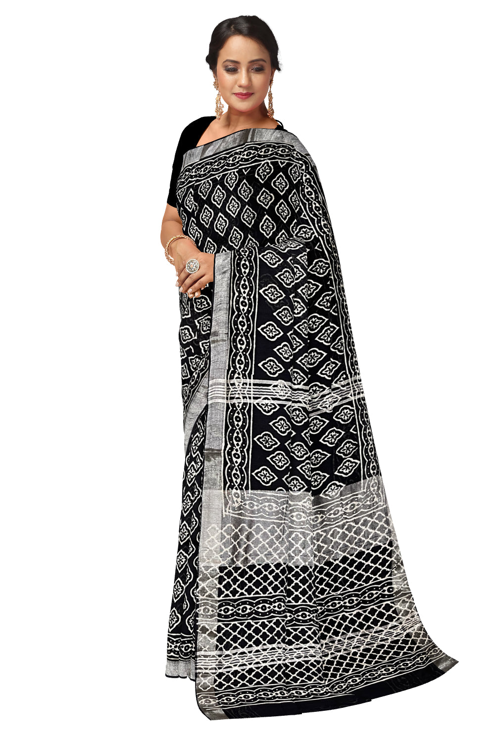 Southloom Linen Black Designer Saree with White Prints