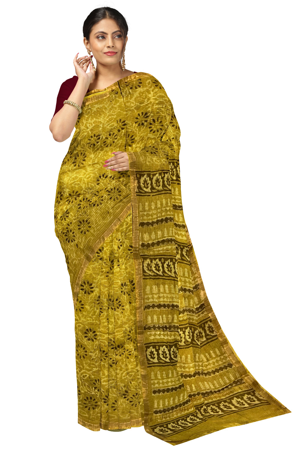 Southloom Kota Fabric Floral Printed Mustard Yellow Saree