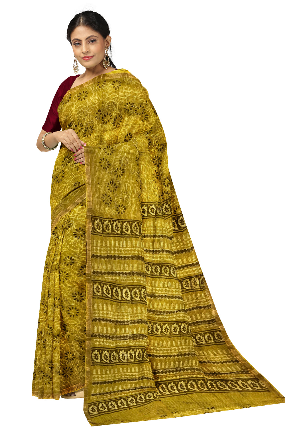 Southloom Kota Fabric Floral Printed Mustard Yellow Saree