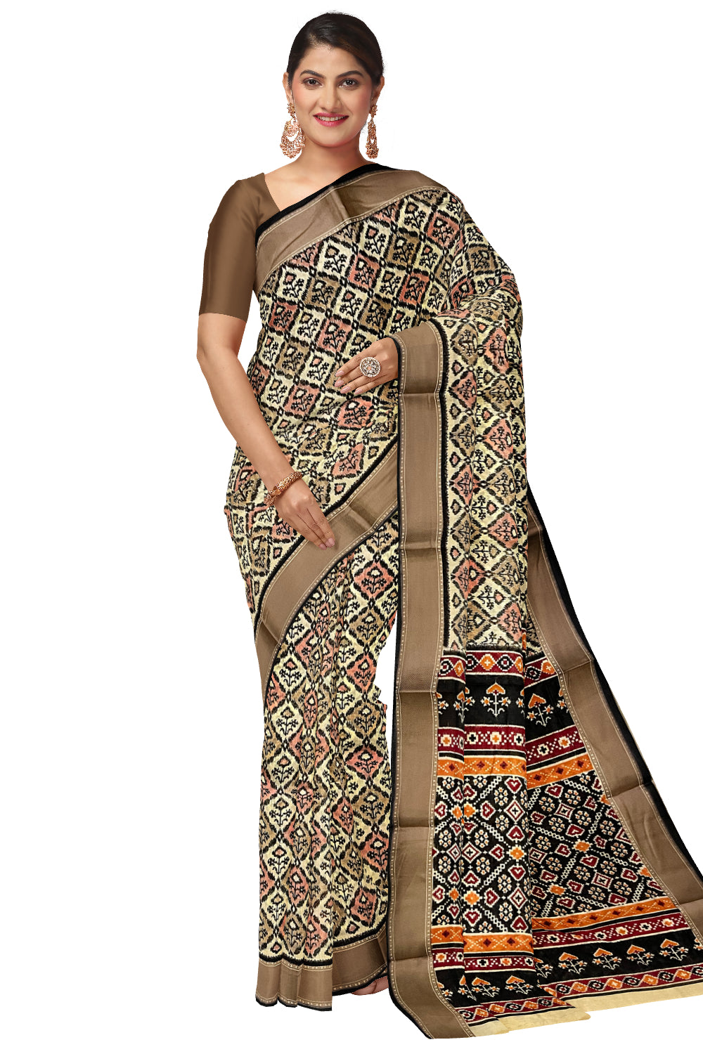 Southloom Black Beige Cotton Saree with Woven Patterns on Body