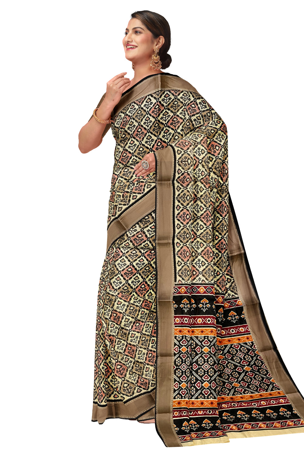 Southloom Black Beige Cotton Saree with Woven Patterns on Body