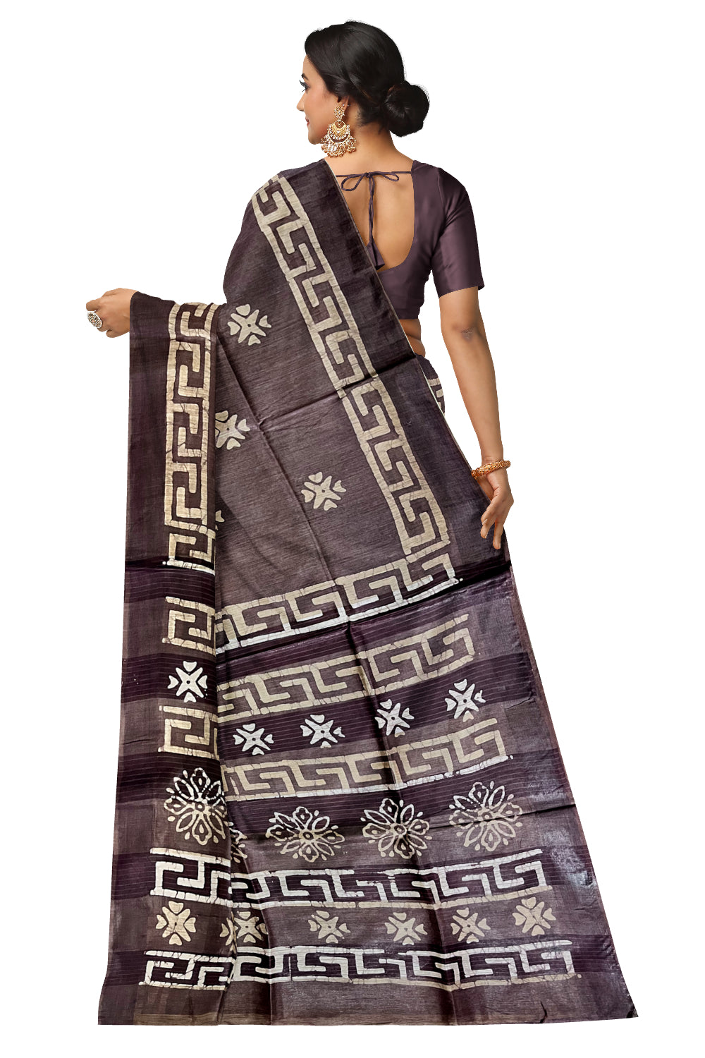 Southloom Cotton Dark Brown Saree with Baswara Prints on Body and Pallu