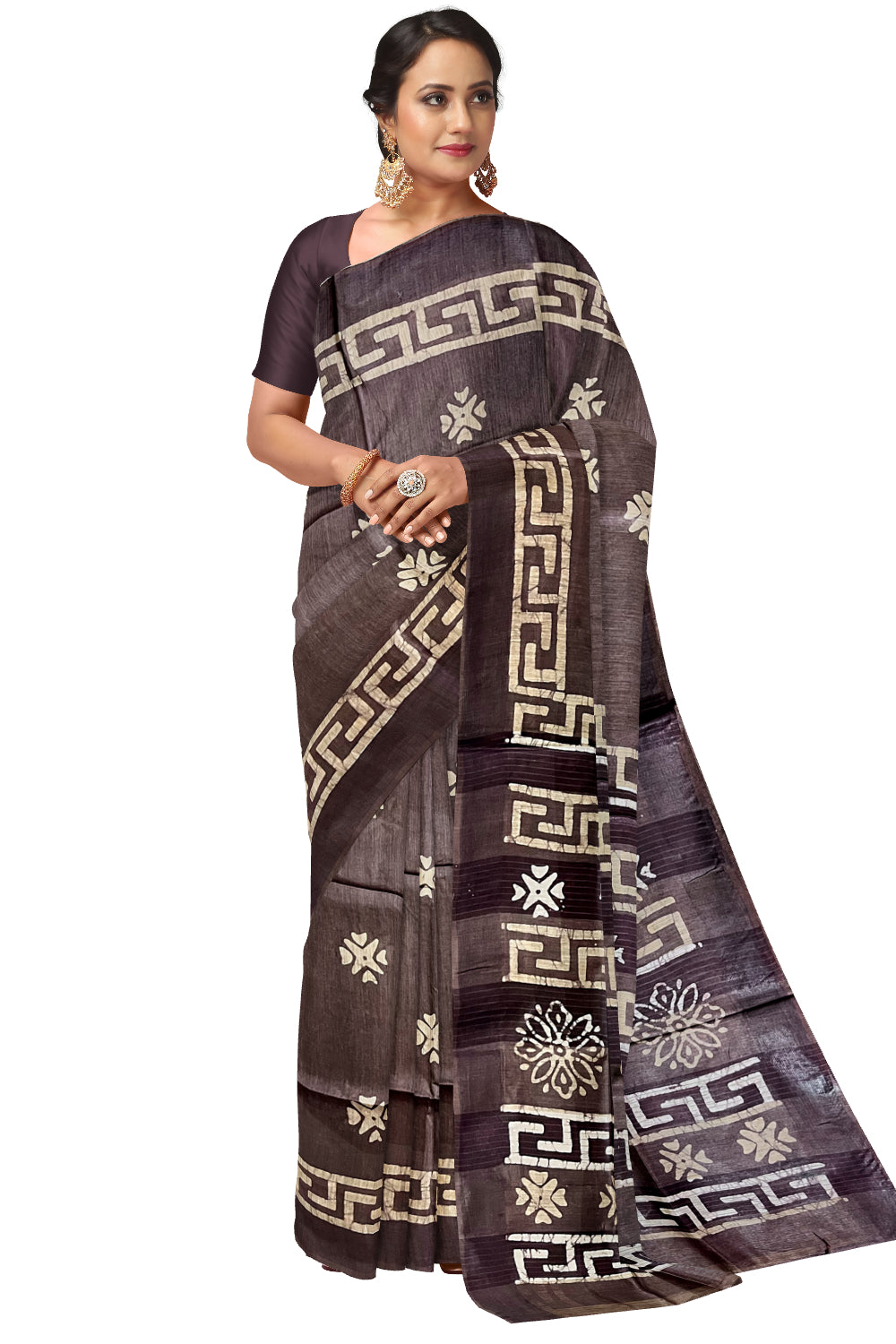 Southloom Cotton Dark Brown Saree with Baswara Prints on Body and Pallu