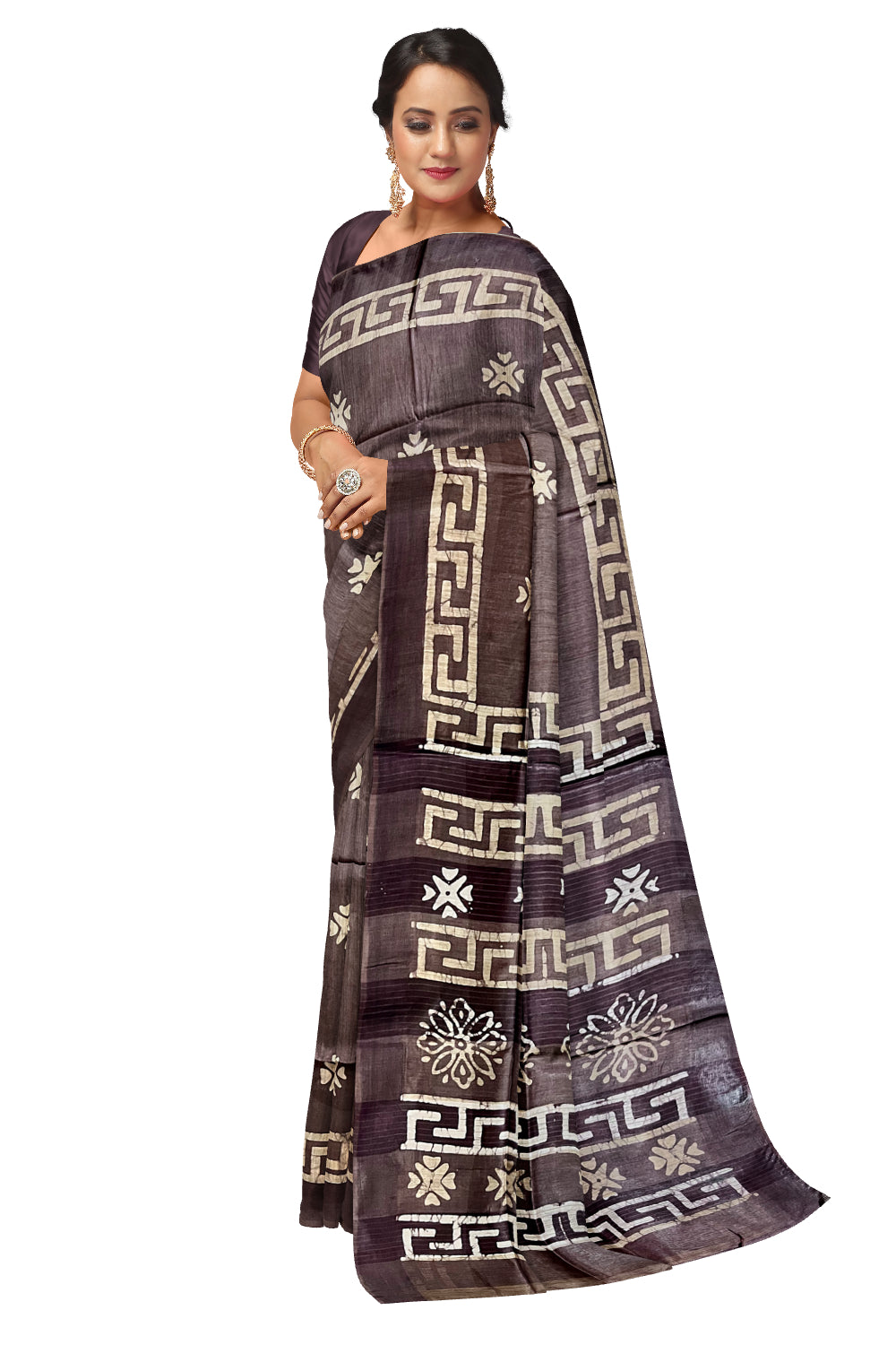 Southloom Cotton Dark Brown Saree with Baswara Prints on Body and Pallu