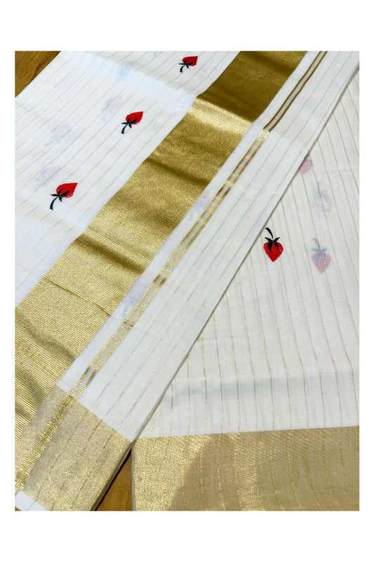 Kerala Cotton Kasavu Lines Saree with Red Floral Embroidery Works On Body