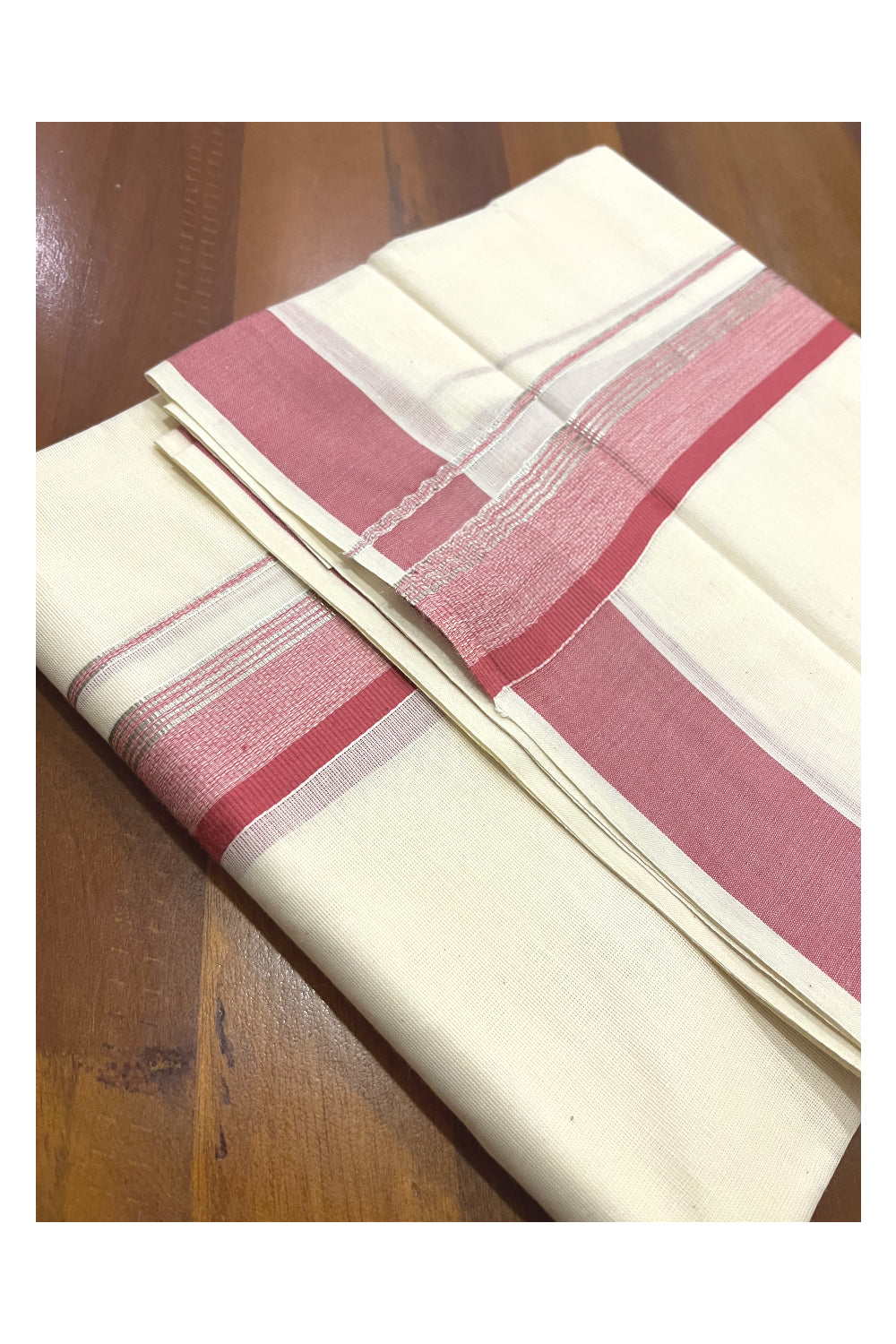 Pure Cotton Kerala Double Mundu with Pink and Silver Kasavu Kara (South Indian Kerala Dhoti)