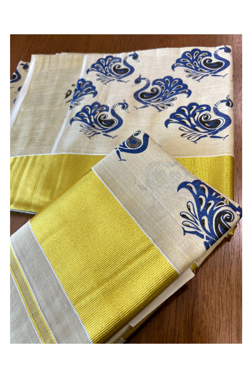 Kerala Tissue Set Mundu (Mundum Neriyathum) with Blue Peacock Block Prints and Kasavu Border 2.80 Mtrs