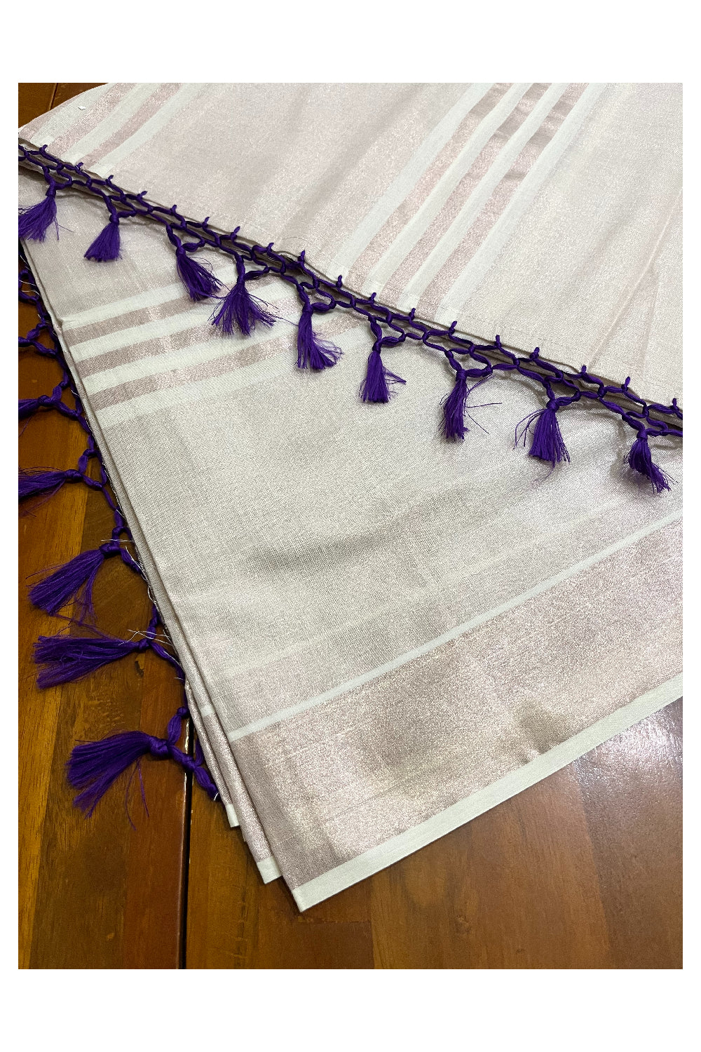 Kerala Copper Tissue Kasavu Lines Design Saree with Violet Tassels on Pallu