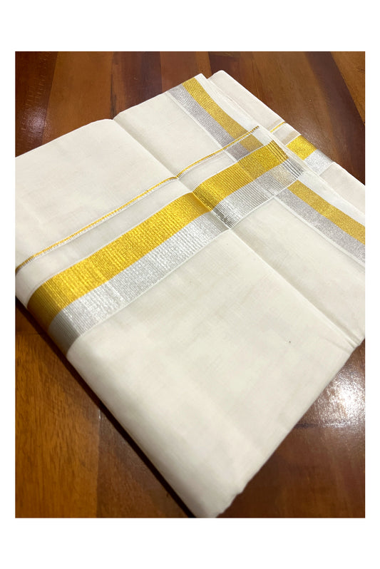 Southloom Premium Handloom Pure Cotton Mundu with Silver and Golden Kasavu Border (South Indian Kerala Dhoti)