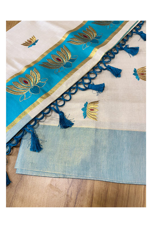 Southloom Kerala Tissue Kasavu Saree with Turquoise And Golden Lotus Embroidary Works on Body