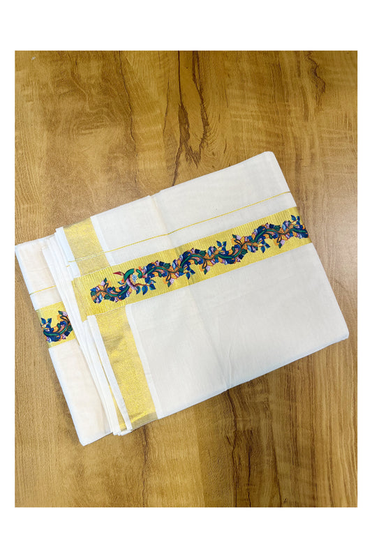 Pure Cotton Off White Double Mundu with Block Prints on Kasavu Kara (South Indian Dhoti)