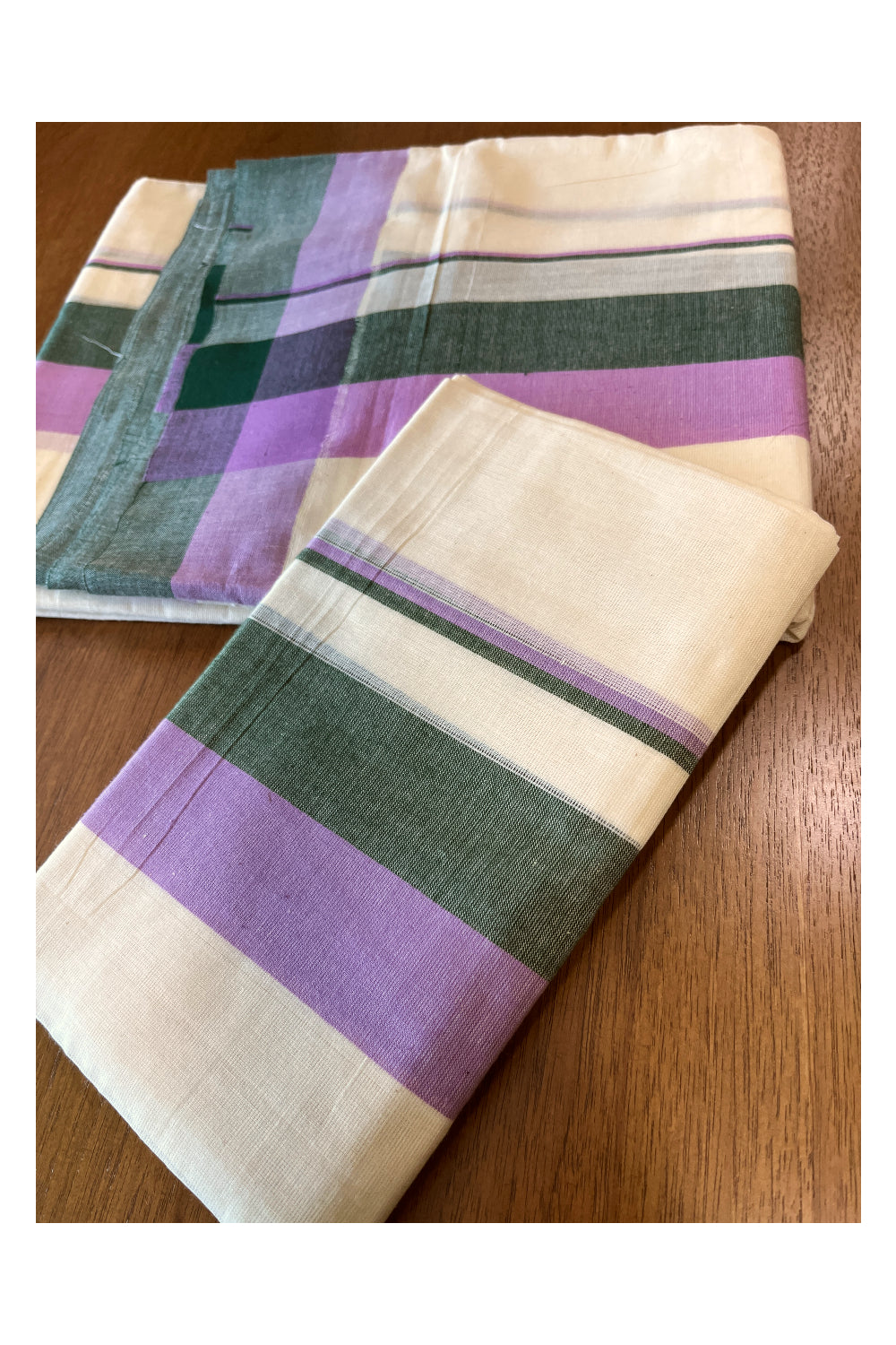 Cotton Mulloth Mundum Neriyathum Double (Set Mundu) with Dark Green and Violet Border