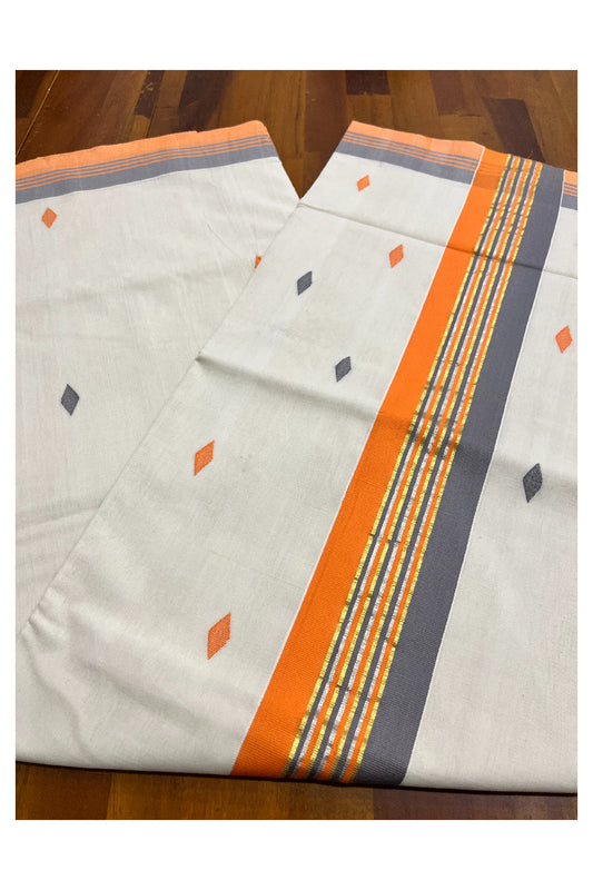 Southloom Premium Balaramapuram Unakkupaavu Handloom Cotton Butta Saree with Orange Grey and Kasavu Border (Vishu 2024 Collection)