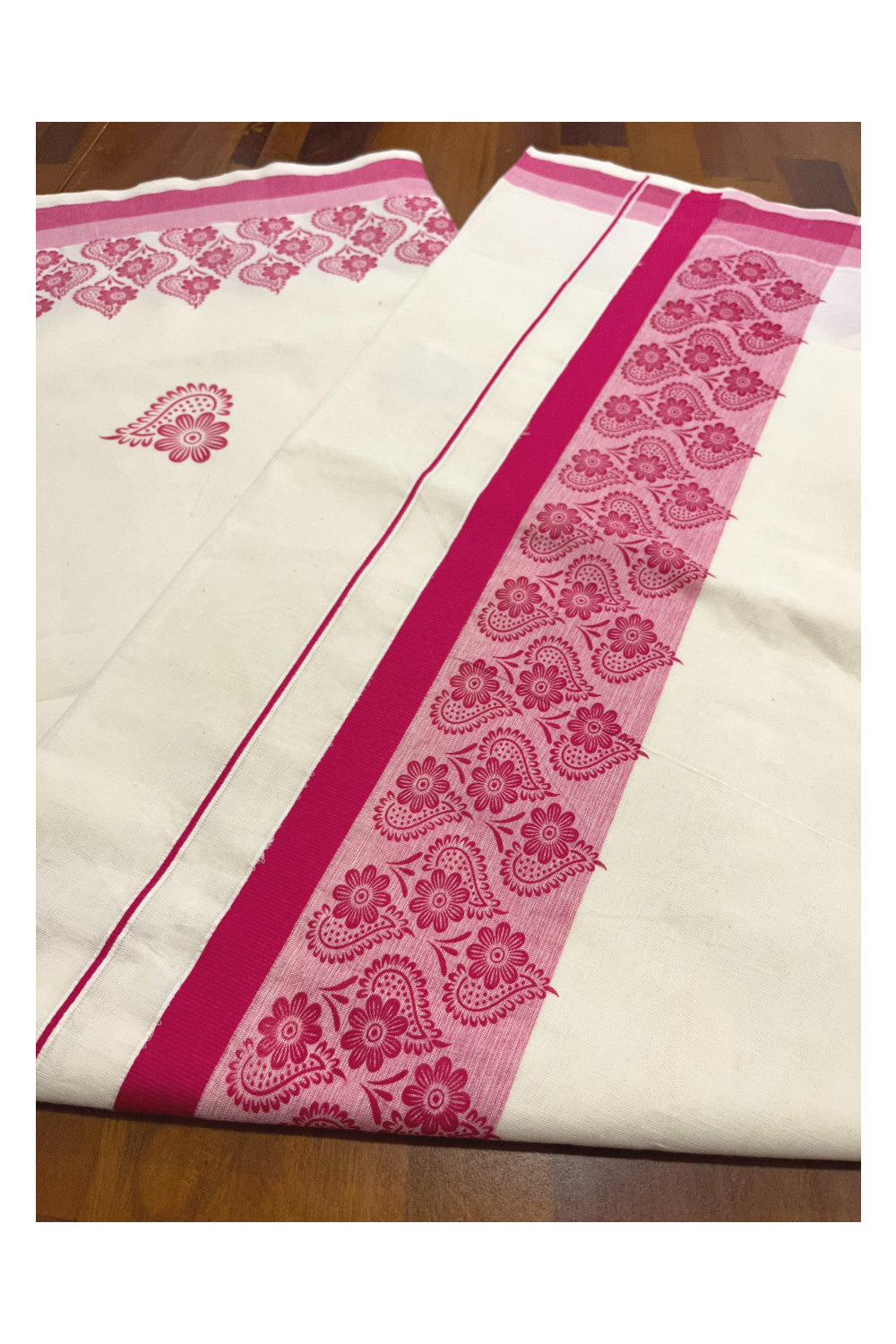 Pure Cotton Off White Kerala Saree with Bright Magenta Floral Block Printed Border