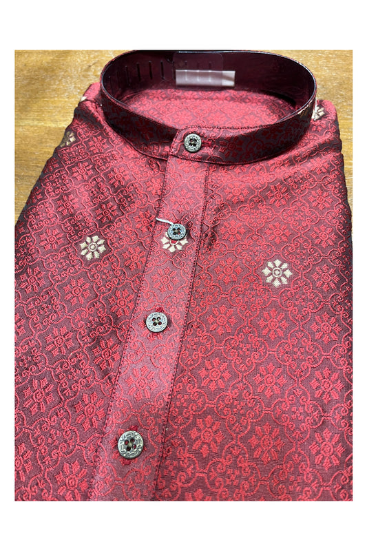 Southloom Red Woven Patterns Semi Silk Short Kurta for Men