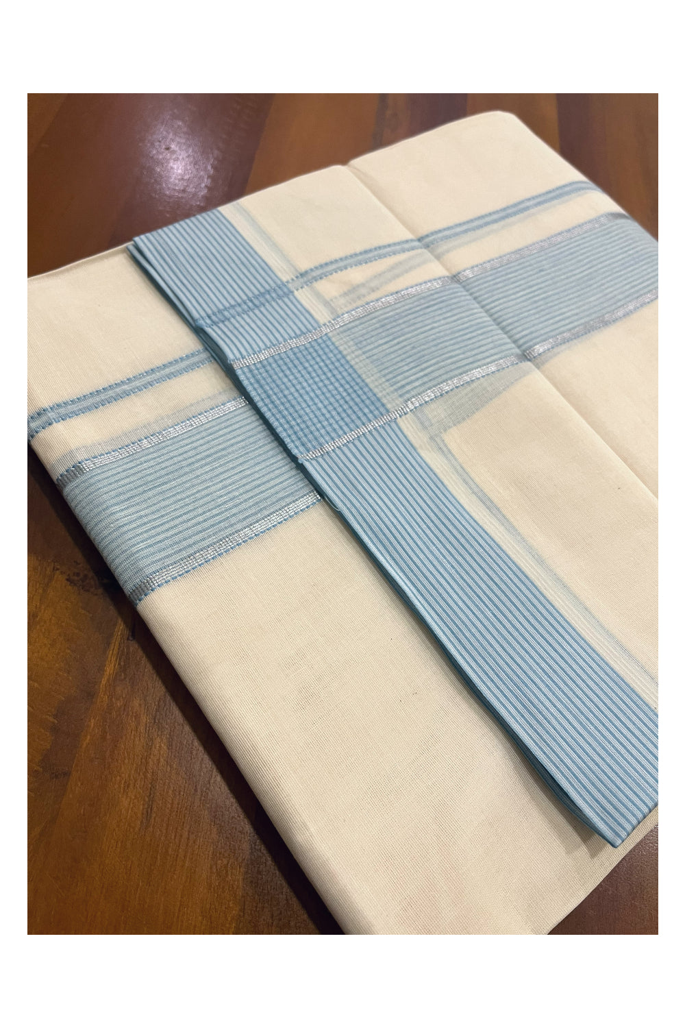 Pure Cotton 100x100 Double Mundu with Light Blue and Silver Kasavu Kara (Onam Mundu 2023)