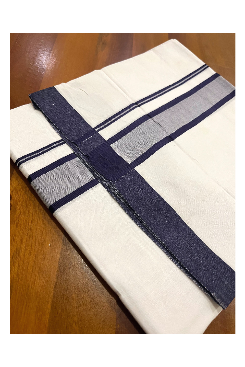 Pure White Cotton Single Mundu (Otta Mundu) with Navy Blue Border (South Indian Kerala Dhoti)