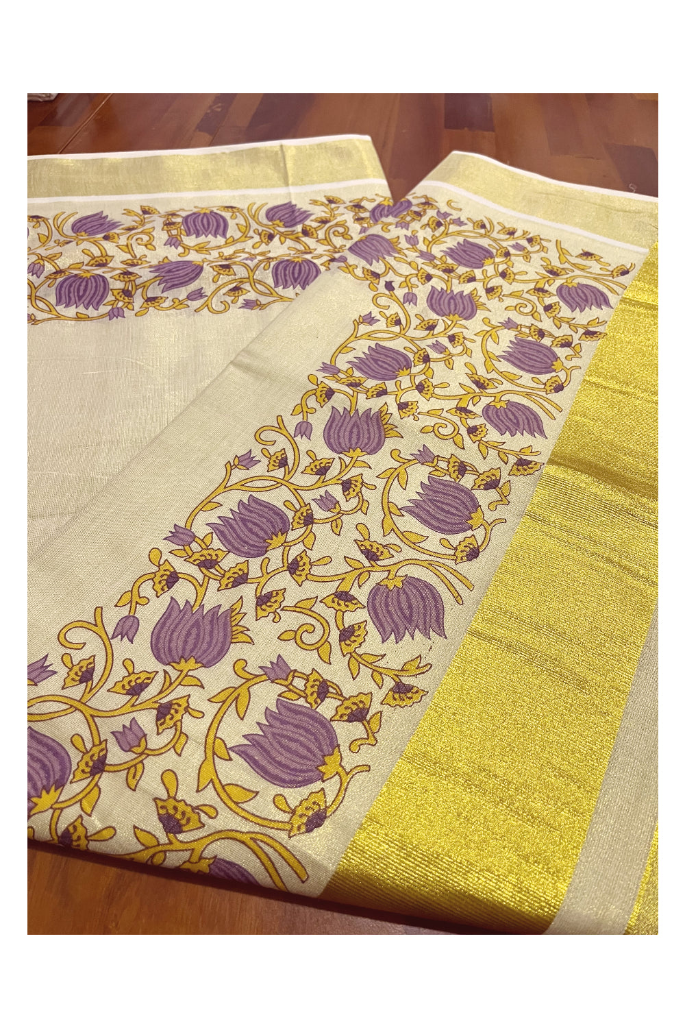Southloom Jaipur Artisans & Kerala Weavers Collab Violet and Yellow Floral Printed Tissue Kasavu Saree (Vishu Collection 2024)