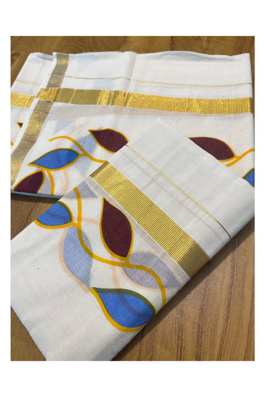 Pure Cotton Set Mundu (Mundum Neriyathum) with Brown and Blue Leaf Prints on Kasavu Border(2.80M)