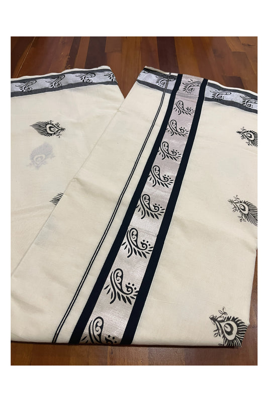 Pure Cotton Kerala Saree with Black Feather Block Prints and Silver Border