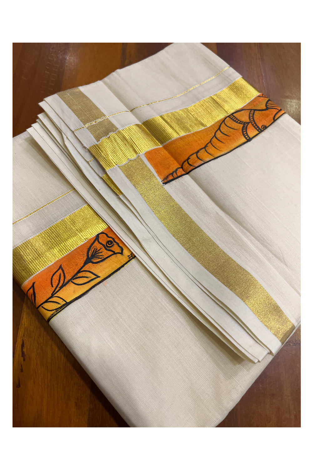 Kerala Pure Cotton Double Mundu with Hand Painted Designs on Kasavu Border(South Indian Kerala Dhoti)