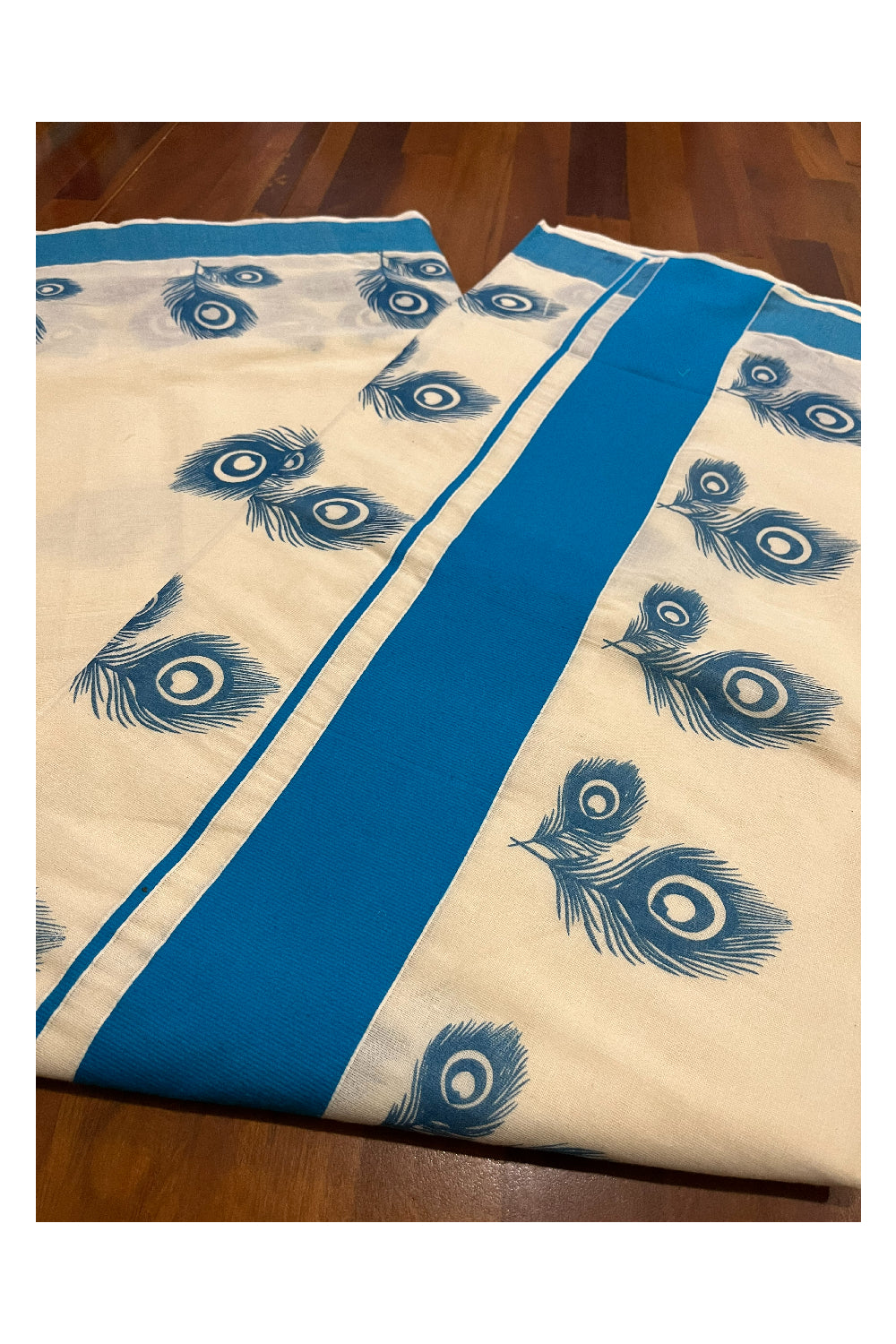 Pure Cotton Kerala Saree with Blue Feather Block Printed Border (Onam Saree 2023)