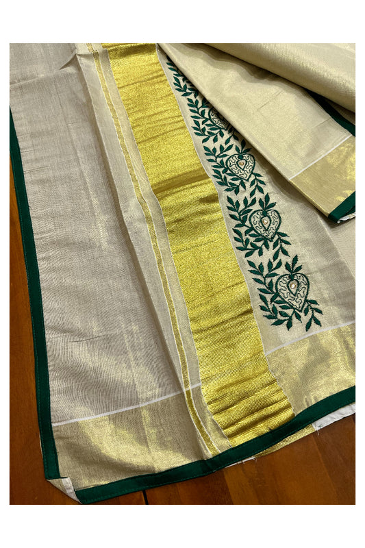 Kerala Tissue Kasavu Set Mundu (Mundum Neriyathum) with Handwork Design and Green Blouse Piece - 2.80Mtrs (Vishu 2024 Collection)