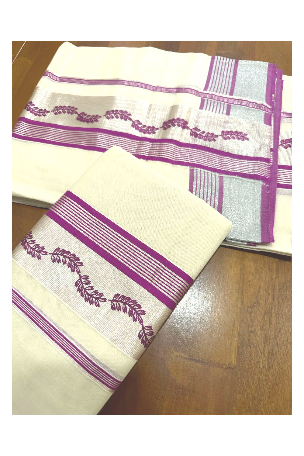 Kerala Cotton Single Set Mundu (Mundum Neriyathum) with Magenta Block Prints and Silver Kasavu Border 2.80 Mtrs (Onam set Mundu 2023)