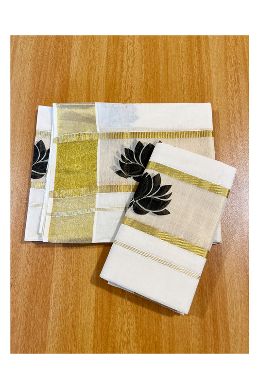 Kerala Cotton Single Set Mundu (Mundum Neriyathum) with Black Lotus Block Prints On Kasavu Border 2.80 Mtrs