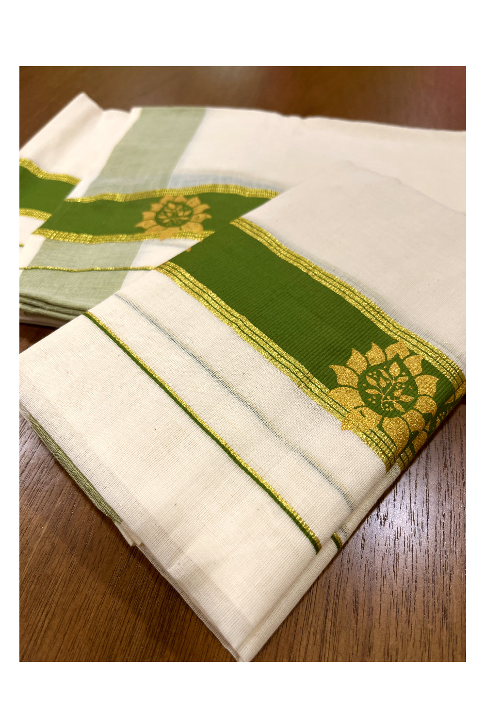 Cotton Single Set Mundu (Mundu Neriyathum) with Golden Block Prints on Green Border