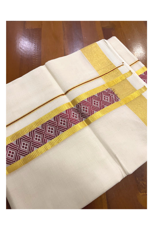 Southloom Premium Handloom Pure Cotton Mundu with Golden and Maroon Kasavu Woven Border (Onam Mundu 2023)